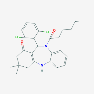 molecular formula C27H30Cl2N2O2 B442362 6-(2,6-Dichlorophenyl)-5-hexanoyl-9,9-dimethyl-6,8,10,11-tetrahydrobenzo[b][1,4]benzodiazepin-7-one CAS No. 371929-45-2