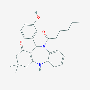 molecular formula C27H32N2O3 B442383 5-Hexanoyl-6-(3-hydroxyphenyl)-9,9-dimethyl-6,8,10,11-tetrahydrobenzo[b][1,4]benzodiazepin-7-one CAS No. 353772-56-2