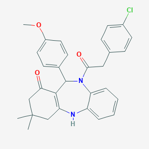 molecular formula C30H29ClN2O3 B442427 5-[2-(4-Chlorophenyl)acetyl]-6-(4-methoxyphenyl)-9,9-dimethyl-6,8,10,11-tetrahydrobenzo[b][1,4]benzodiazepin-7-one 