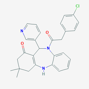 molecular formula C28H26ClN3O2 B442434 5-[2-(4-Chlorophenyl)acetyl]-9,9-dimethyl-6-pyridin-3-yl-6,8,10,11-tetrahydrobenzo[b][1,4]benzodiazepin-7-one CAS No. 312621-56-0