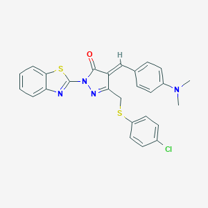 molecular formula C26H21ClN4OS2 B442439 2-(1,3-benzothiazol-2-yl)-5-{[(4-chlorophenyl)sulfanyl]methyl}-4-[4-(dimethylamino)benzylidene]-2,4-dihydro-3H-pyrazol-3-one 