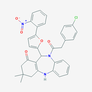 molecular formula C33H28ClN3O5 B442473 10-[(4-chlorophenyl)acetyl]-11-(5-{2-nitrophenyl}-2-furyl)-3,3-dimethyl-2,3,4,5,10,11-hexahydro-1H-dibenzo[b,e][1,4]diazepin-1-one 