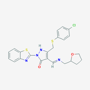 molecular formula C23H21ClN4O2S2 B442484 2-(1,3-benzothiazol-2-yl)-5-{[(4-chlorophenyl)sulfanyl]methyl}-4-{[(tetrahydro-2-furanylmethyl)amino]methylene}-2,4-dihydro-3H-pyrazol-3-one 