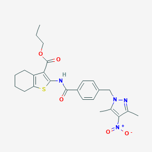 molecular formula C25H28N4O5S B442782 propyl 2-[({4-[(3,5-dimethyl-4-nitro-1H-pyrazol-1-yl)methyl]phenyl}carbonyl)amino]-4,5,6,7-tetrahydro-1-benzothiophene-3-carboxylate 