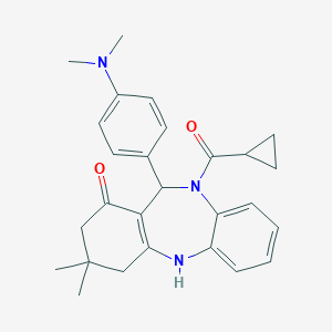 molecular formula C27H31N3O2 B442823 10-(cyclopropylcarbonyl)-11-[4-(dimethylamino)phenyl]-3,3-dimethyl-2,3,4,5,10,11-hexahydro-1H-dibenzo[b,e][1,4]diazepin-1-one 