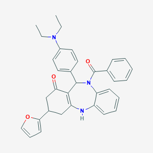 molecular formula C34H33N3O3 B442825 10-benzoyl-11-[4-(diethylamino)phenyl]-3-(2-furyl)-2,3,4,5,10,11-hexahydro-1H-dibenzo[b,e][1,4]diazepin-1-one 