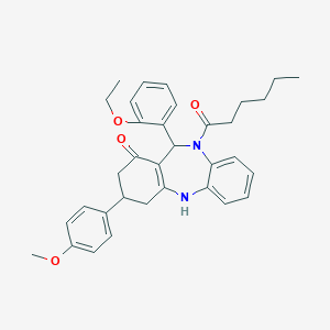 molecular formula C34H38N2O4 B442826 11-(2-ethoxyphenyl)-10-hexanoyl-3-(4-methoxyphenyl)-2,3,4,5,10,11-hexahydro-1H-dibenzo[b,e][1,4]diazepin-1-one 