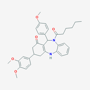molecular formula C34H38N2O5 B442832 3-(3,4-dimethoxyphenyl)-10-hexanoyl-11-(4-methoxyphenyl)-2,3,4,5,10,11-hexahydro-1H-dibenzo[b,e][1,4]diazepin-1-one 