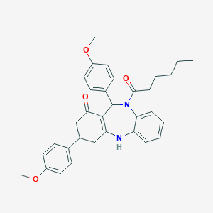 molecular formula C33H36N2O4 B442833 10-hexanoyl-3,11-bis(4-methoxyphenyl)-2,3,4,5,10,11-hexahydro-1H-dibenzo[b,e][1,4]diazepin-1-one 