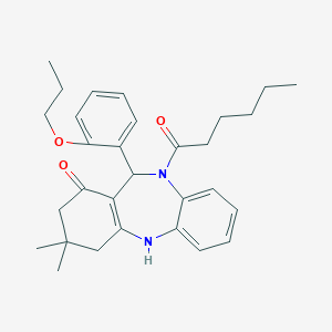 molecular formula C30H38N2O3 B442839 5-Hexanoyl-9,9-dimethyl-6-(2-propoxyphenyl)-6,8,10,11-tetrahydrobenzo[b][1,4]benzodiazepin-7-one CAS No. 675152-40-6
