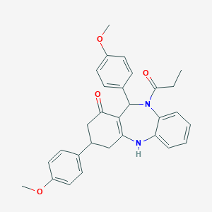 6,9-bis(4-methoxyphenyl)-5-propanoyl-8,9,10,11-tetrahydro-6H-benzo[b][1,4]benzodiazepin-7-one