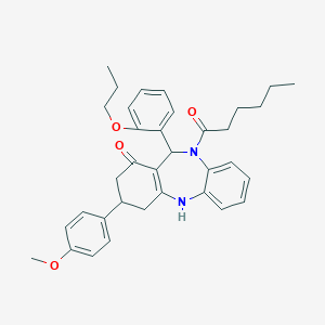 molecular formula C35H40N2O4 B442850 10-hexanoyl-3-(4-methoxyphenyl)-11-(2-propoxyphenyl)-2,3,4,5,10,11-hexahydro-1H-dibenzo[b,e][1,4]diazepin-1-one 