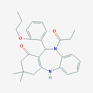 molecular formula C27H32N2O3 B442852 9,9-Dimethyl-5-propanoyl-6-(2-propoxyphenyl)-6,8,10,11-tetrahydrobenzo[b][1,4]benzodiazepin-7-one CAS No. 675151-18-5
