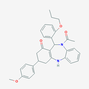 molecular formula C31H32N2O4 B442854 10-acetyl-3-(4-methoxyphenyl)-11-(2-propoxyphenyl)-2,3,4,5,10,11-hexahydro-1H-dibenzo[b,e][1,4]diazepin-1-one 