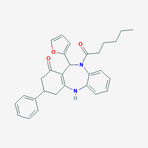 molecular formula C29H30N2O3 B442865 1-[11-(furan-2-yl)-1-hydroxy-3-phenyl-2,3,4,11-tetrahydro-10H-dibenzo[b,e][1,4]diazepin-10-yl]hexan-1-one 