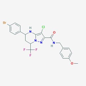 molecular formula C22H19BrClF3N4O2 B442882 5-(4-bromophenyl)-3-chloro-N-(4-methoxybenzyl)-7-(trifluoromethyl)-4,5,6,7-tetrahydropyrazolo[1,5-a]pyrimidine-2-carboxamide 