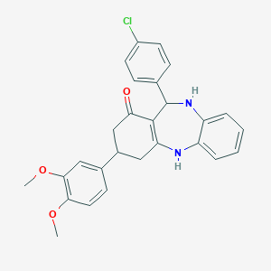 molecular formula C27H25ClN2O3 B442885 6-(4-Chlorophenyl)-9-(3,4-dimethoxyphenyl)-5,6,8,9,10,11-hexahydrobenzo[b][1,4]benzodiazepin-7-one CAS No. 675142-55-9