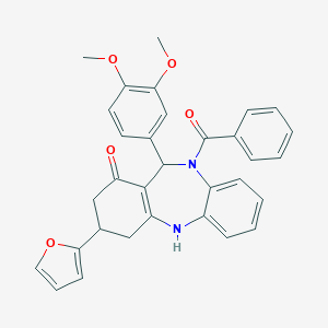 molecular formula C32H28N2O5 B442887 [11-(3,4-dimethoxyphenyl)-3-(furan-2-yl)-1-hydroxy-2,3,4,11-tetrahydro-10H-dibenzo[b,e][1,4]diazepin-10-yl](phenyl)methanone 