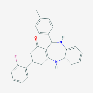 molecular formula C26H23FN2O B442895 9-(2-Fluorophenyl)-6-(4-methylphenyl)-5,6,8,9,10,11-hexahydrobenzo[b][1,4]benzodiazepin-7-one CAS No. 351162-93-1