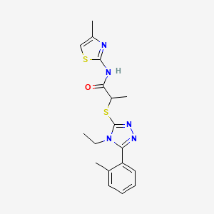 molecular formula C18H21N5OS2 B4429017 2-{[4-ethyl-5-(2-methylphenyl)-4H-1,2,4-triazol-3-yl]thio}-N-(4-methyl-1,3-thiazol-2-yl)propanamide 