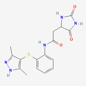 molecular formula C16H17N5O3S B4429521 N-{2-[(3,5-dimethyl-1H-pyrazol-4-yl)thio]phenyl}-2-(2,5-dioxoimidazolidin-4-yl)acetamide 