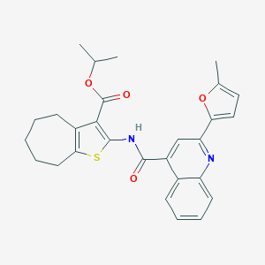 molecular formula C28H28N2O4S B442969 isopropyl 2-({[2-(5-methyl-2-furyl)-4-quinolinyl]carbonyl}amino)-5,6,7,8-tetrahydro-4H-cyclohepta[b]thiophene-3-carboxylate 