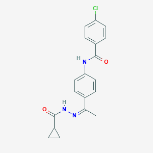molecular formula C19H18ClN3O2 B442989 4-chloro-N-{4-[N-(cyclopropylcarbonyl)ethanehydrazonoyl]phenyl}benzamide 