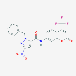 1-benzyl-3-nitro-N-[2-oxo-4-(trifluoromethyl)-2H-chromen-7-yl]-1H-pyrazole-5-carboxamide