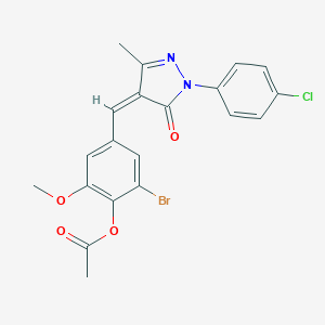 molecular formula C20H16BrClN2O4 B443028 2-bromo-4-{[1-(4-chlorophenyl)-3-methyl-5-oxo-1,5-dihydro-4H-pyrazol-4-ylidene]methyl}-6-methoxyphenyl acetate 