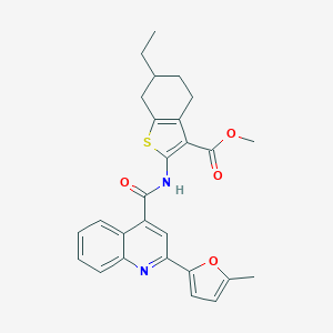 molecular formula C27H26N2O4S B443081 Methyl 6-ethyl-2-({[2-(5-methyl-2-furyl)-4-quinolinyl]carbonyl}amino)-4,5,6,7-tetrahydro-1-benzothiophene-3-carboxylate 