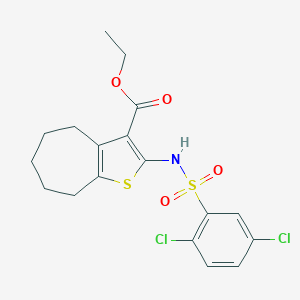 molecular formula C18H19Cl2NO4S2 B443138 ethyl 2-{[(2,5-dichlorophenyl)sulfonyl]amino}-5,6,7,8-tetrahydro-4H-cyclohepta[b]thiophene-3-carboxylate 