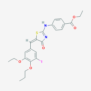 molecular formula C24H25IN2O5S B443235 ethyl 4-[[(5E)-5-[(3-ethoxy-5-iodo-4-propoxyphenyl)methylidene]-4-oxo-1,3-thiazol-2-yl]amino]benzoate 