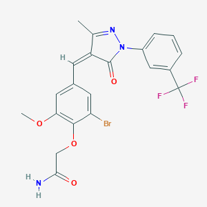 molecular formula C21H17BrF3N3O4 B443290 2-[2-bromo-6-methoxy-4-({3-methyl-5-oxo-1-[3-(trifluoromethyl)phenyl]-1,5-dihydro-4H-pyrazol-4-ylidene}methyl)phenoxy]acetamide 