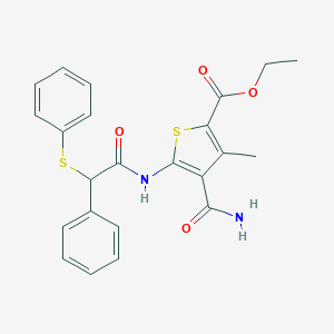 molecular formula C23H22N2O4S2 B443419 Ethyl 4-carbamoyl-3-methyl-5-{[phenyl(phenylsulfanyl)acetyl]amino}thiophene-2-carboxylate 