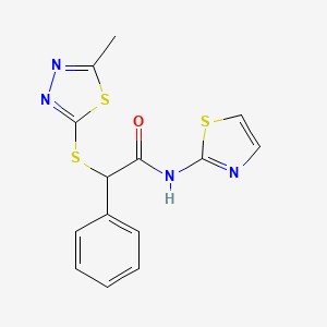 molecular formula C14H12N4OS3 B4435521 2-[(5-methyl-1,3,4-thiadiazol-2-yl)thio]-2-phenyl-N-1,3-thiazol-2-ylacetamide 