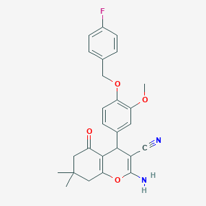 molecular formula C26H25FN2O4 B443567 2-amino-4-{4-[(4-fluorobenzyl)oxy]-3-methoxyphenyl}-7,7-dimethyl-5-oxo-5,6,7,8-tetrahydro-4H-chromene-3-carbonitrile 