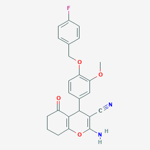 molecular formula C24H21FN2O4 B443570 2-amino-4-{4-[(4-fluorobenzyl)oxy]-3-methoxyphenyl}-5-oxo-5,6,7,8-tetrahydro-4H-chromene-3-carbonitrile 
