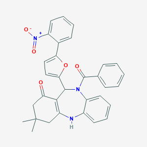 molecular formula C32H27N3O5 B443596 3,3-dimethyl-11-[5-(2-nitrophenyl)furan-2-yl]-10-(phenylcarbonyl)-2,3,4,5,10,11-hexahydro-1H-dibenzo[b,e][1,4]diazepin-1-one 
