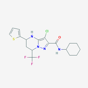 molecular formula C18H20ClF3N4OS B443665 3-chloro-N-cyclohexyl-5-(2-thienyl)-7-(trifluoromethyl)-4,5,6,7-tetrahydropyrazolo[1,5-a]pyrimidine-2-carboxamide 
