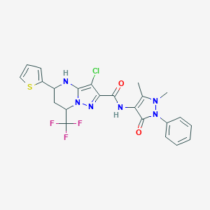 molecular formula C23H20ClF3N6O2S B443668 3-chloro-N-(1,5-dimethyl-3-oxo-2-phenyl-2,3-dihydro-1H-pyrazol-4-yl)-5-(2-thienyl)-7-(trifluoromethyl)-4,5,6,7-tetrahydropyrazolo[1,5-a]pyrimidine-2-carboxamide 