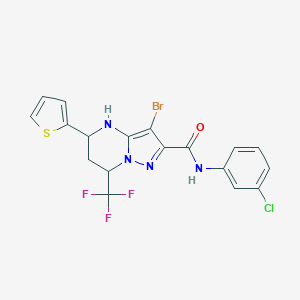 molecular formula C18H13BrClF3N4OS B443679 3-bromo-N-(3-chlorophenyl)-5-(2-thienyl)-7-(trifluoromethyl)-4,5,6,7-tetrahydropyrazolo[1,5-a]pyrimidine-2-carboxamide 