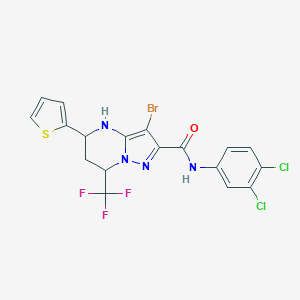 molecular formula C18H12BrCl2F3N4OS B443681 3-bromo-N-(3,4-dichlorophenyl)-5-(thiophen-2-yl)-7-(trifluoromethyl)-4,5,6,7-tetrahydropyrazolo[1,5-a]pyrimidine-2-carboxamide 