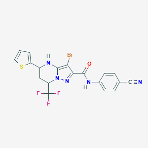 molecular formula C19H13BrF3N5OS B443682 3-bromo-N-(4-cyanophenyl)-5-(2-thienyl)-7-(trifluoromethyl)-4,5,6,7-tetrahydropyrazolo[1,5-a]pyrimidine-2-carboxamide 
