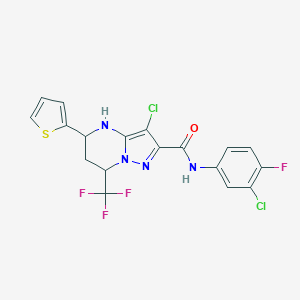 molecular formula C18H12Cl2F4N4OS B443697 3-chloro-N-(3-chloro-4-fluorophenyl)-5-(2-thienyl)-7-(trifluoromethyl)-4,5,6,7-tetrahydropyrazolo[1,5-a]pyrimidine-2-carboxamide 