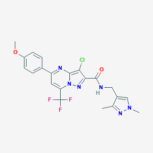 molecular formula C21H18ClF3N6O2 B443726 3-chloro-N-[(1,3-dimethyl-1H-pyrazol-4-yl)methyl]-5-(4-methoxyphenyl)-7-(trifluoromethyl)pyrazolo[1,5-a]pyrimidine-2-carboxamide 