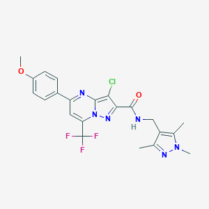 molecular formula C22H20ClF3N6O2 B443727 3-chloro-5-(4-methoxyphenyl)-7-(trifluoromethyl)-N-[(1,3,5-trimethyl-1H-pyrazol-4-yl)methyl]pyrazolo[1,5-a]pyrimidine-2-carboxamide 