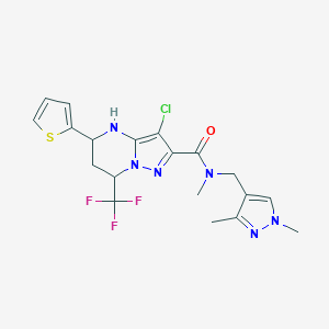 molecular formula C19H20ClF3N6OS B443728 3-Chloro-5-thiophen-2-yl-7-trifluoromethyl-4,5,6,7-tetrahydro-pyrazolo[1,5-a]pyrimidine-2-carboxylic acid (1,3-dimethyl-1H-pyrazol-4-ylmethyl)-methyl-amide 