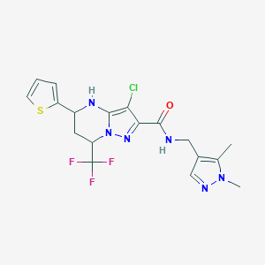 molecular formula C18H18ClF3N6OS B443732 3-chloro-N-[(1,5-dimethyl-1H-pyrazol-4-yl)methyl]-5-(2-thienyl)-7-(trifluoromethyl)-4,5,6,7-tetrahydropyrazolo[1,5-a]pyrimidine-2-carboxamide 