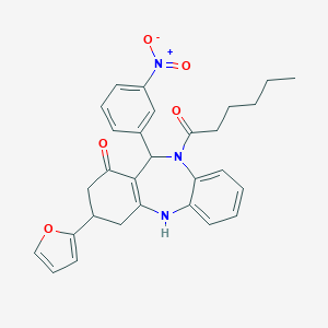 molecular formula C29H29N3O5 B443733 9-(2-furyl)-5-hexanoyl-6-(3-nitrophenyl)-8,9,10,11-tetrahydro-6H-benzo[b][1,4]benzodiazepin-7-one 