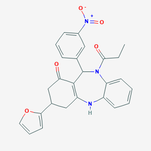 molecular formula C26H23N3O5 B443739 9-(2-furyl)-6-(3-nitrophenyl)-5-propanoyl-8,9,10,11-tetrahydro-6H-benzo[b][1,4]benzodiazepin-7-one 